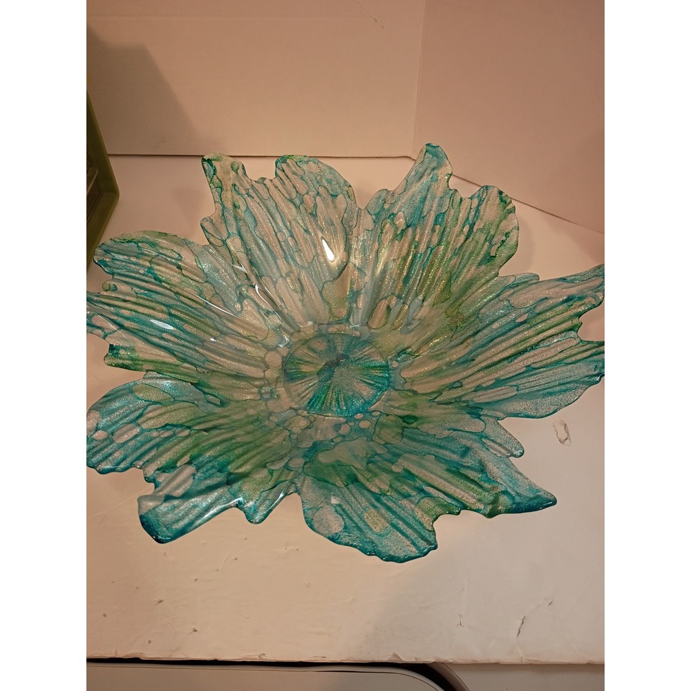Teal and Silver Glitter Glass Flower Centerpiece Bowl Decorative Scalloped Dish